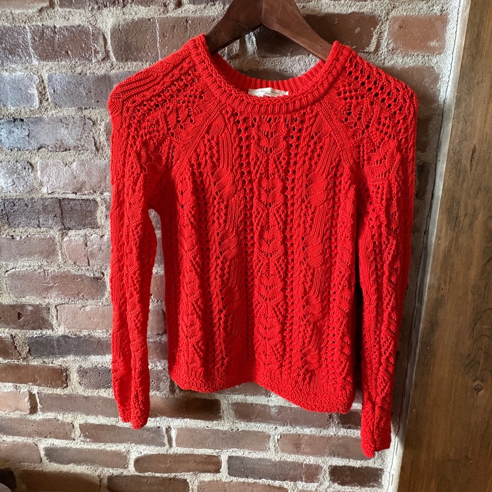 Sezane Red Cable Knit Crew Sweater